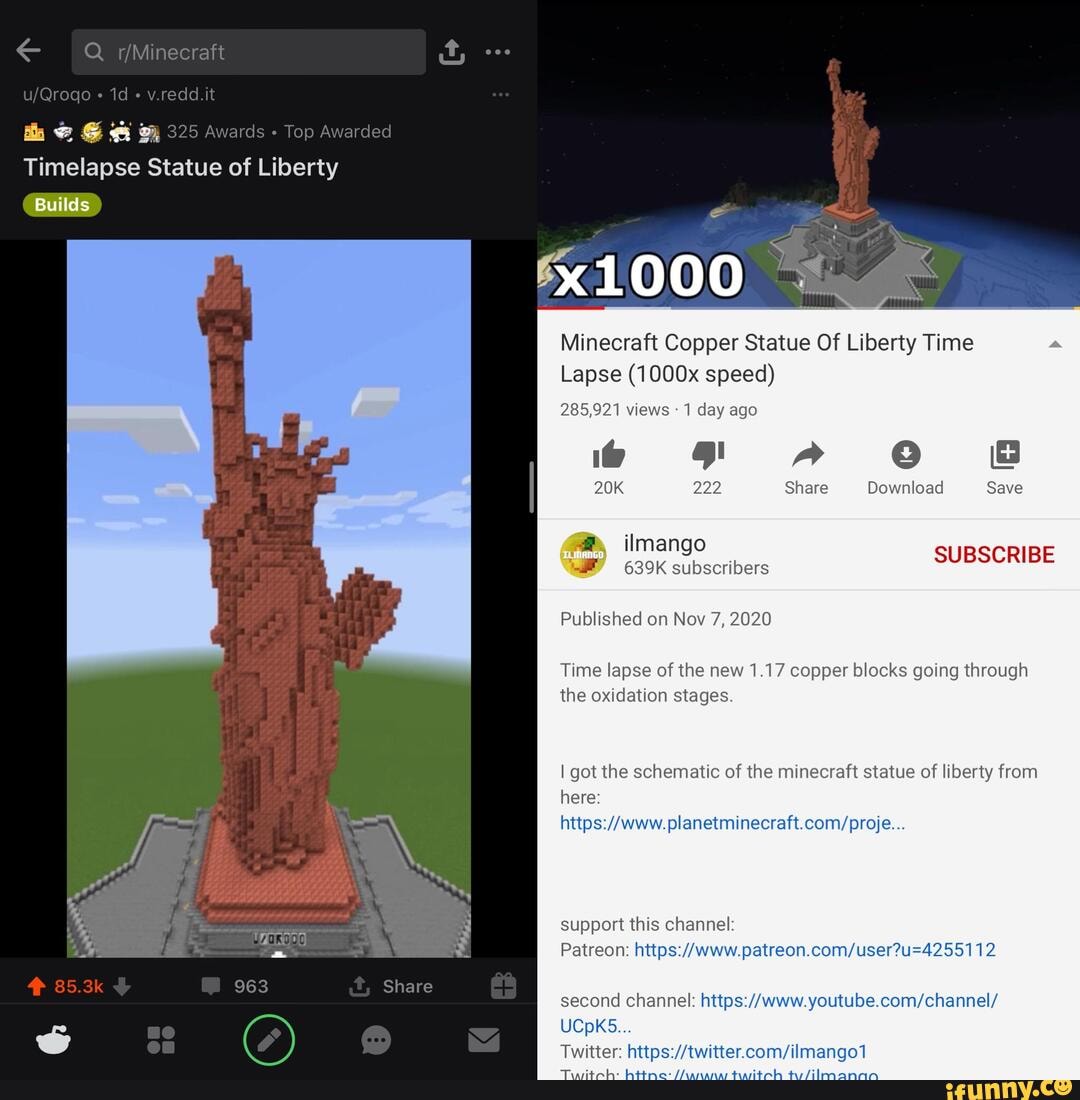 He To Ded Builds Timelapse Statue Of Liberty Minecraft Copper Statue Of