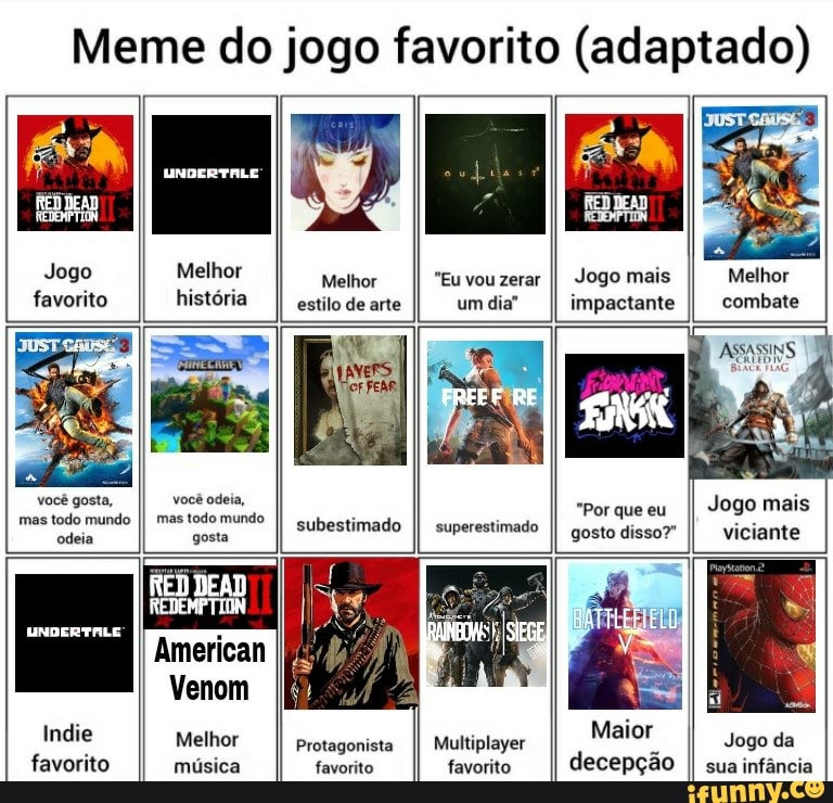 Meme do jogo favorito adaptado Jogo favorito Melhor história Melhor