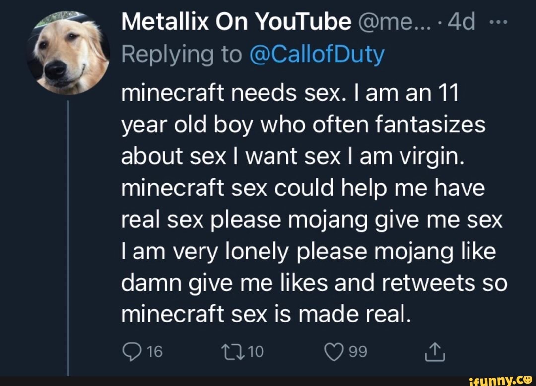 Metallix On YouTube @me...- Replying to @CallofDuty minecraft needs sex. I  am an 11 year old