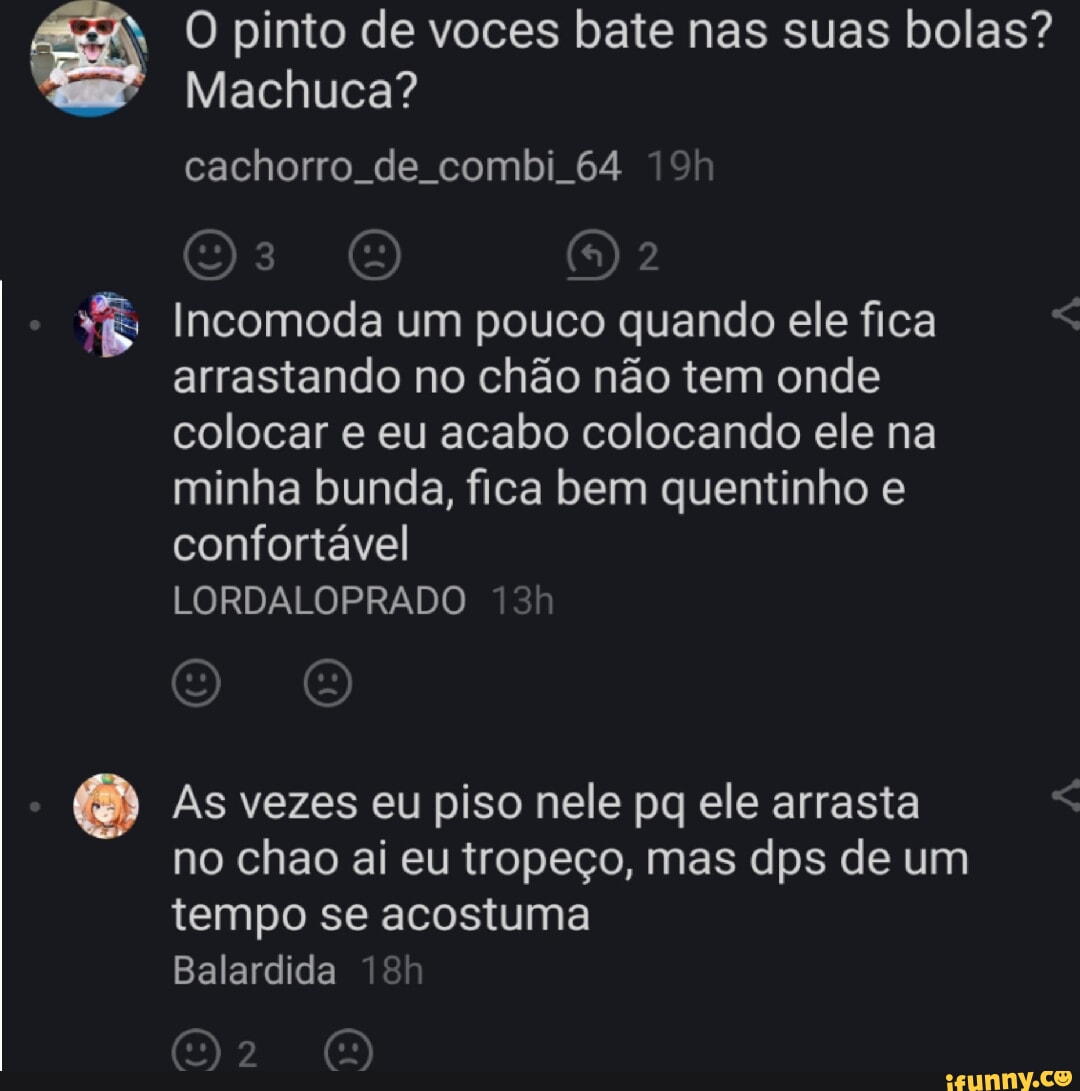 O pinto de voces bate nas suas bolas? Machuca? cachorro. de combi 64  Incomoda um pouco