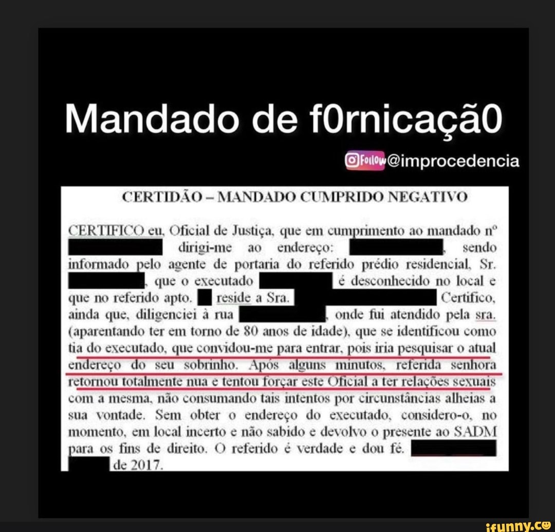 Mandado de fOrnicaçãoO improcedencia CERTIDÃO MANDADO CUMPRIDO NEGATIVO ...