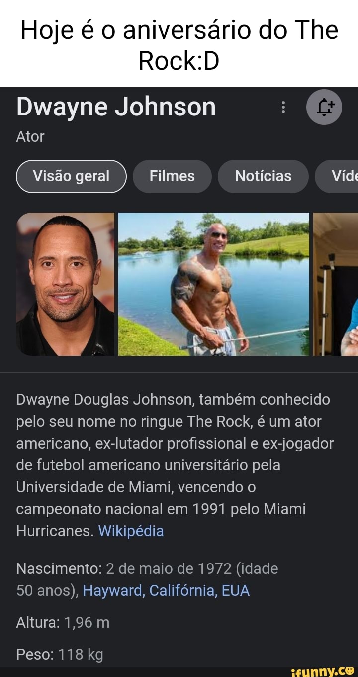 Hoje na Historia do Cinema - Aniversariante do dia Dwayne Johnson Ator  Dwayne Douglas Johnson, também conhecido pelo seu nome no ringue The Rock,  é um ator americano, ex-lutador profissional e ex-jogador