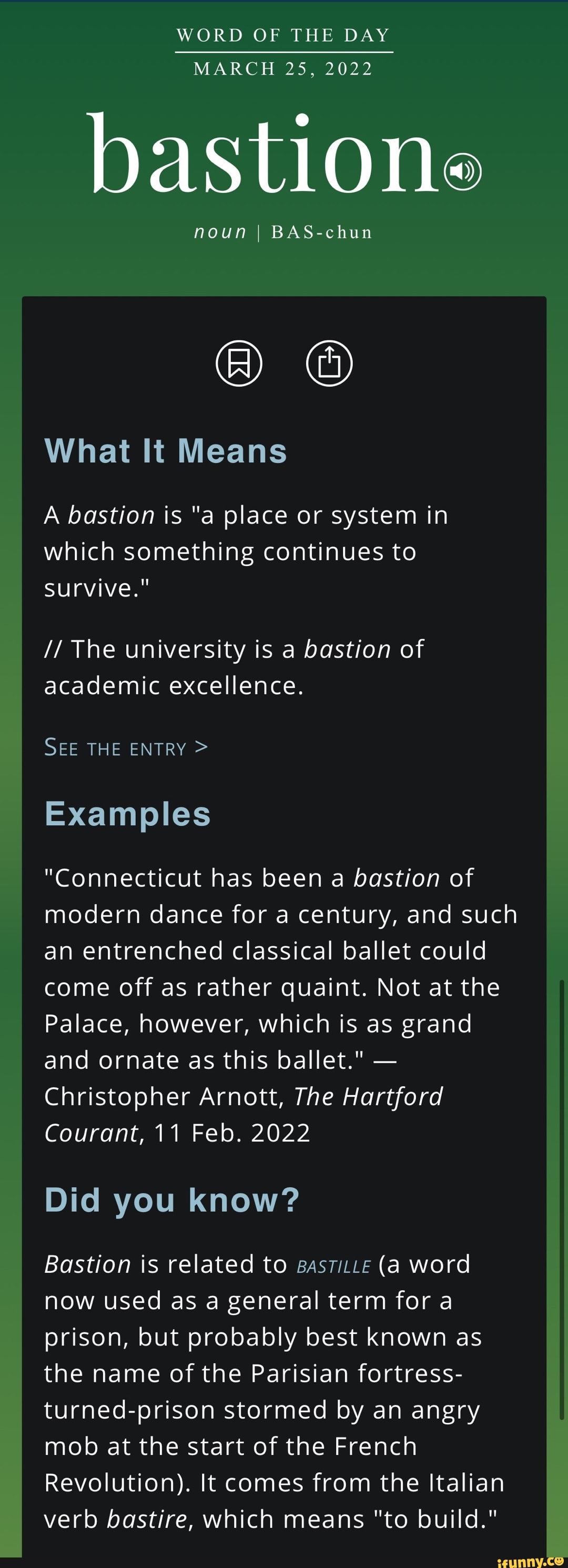 WORD OF THE DAY MARCH 25, 2022 bastione noun I BAS-chun What It Means A