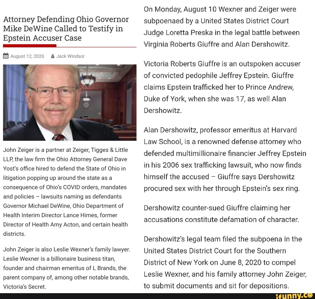 Attorney Defending Ohio Governor Mike DeWine Called to Testify in Epstein  Accuser Case August 12, 2020