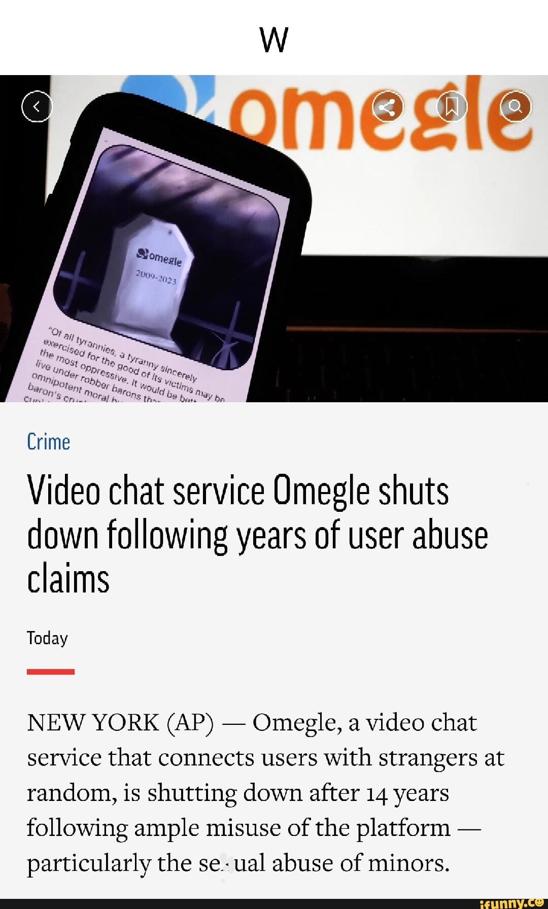 Crime Video chat service Omegle shuts down following years of user abuse  claims Today NEW YORK (