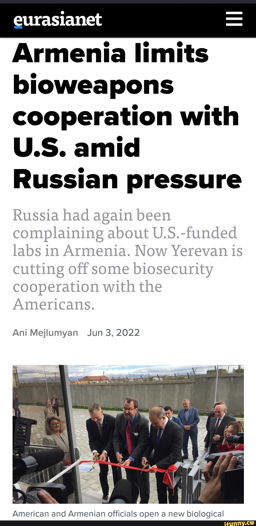 Armenia limits bioweapons cooperation with U.S. amid Russian pressure