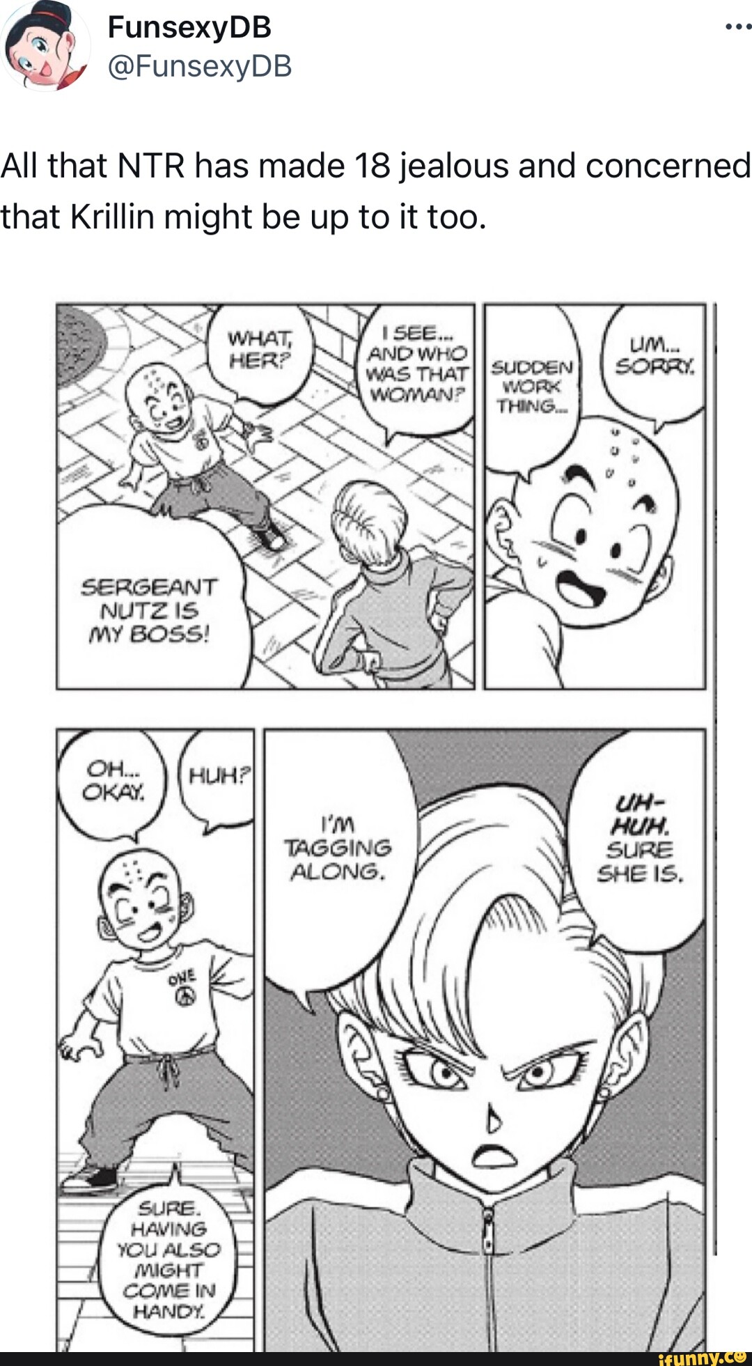 FunsexyDB @FunsexyDB Min All that NTR has made 18 jealous and concerned  that Krillin might be up to it too. IS LONe. if my - iFunny Brazil