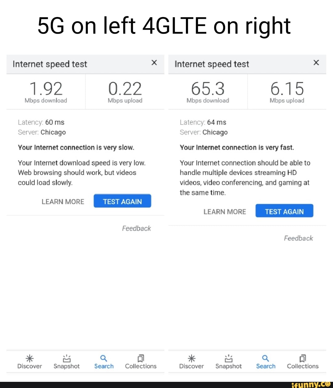 On left 4GLTE on right Internet speed test x 1.92 0.22 Mbps download bps  upload Latency: