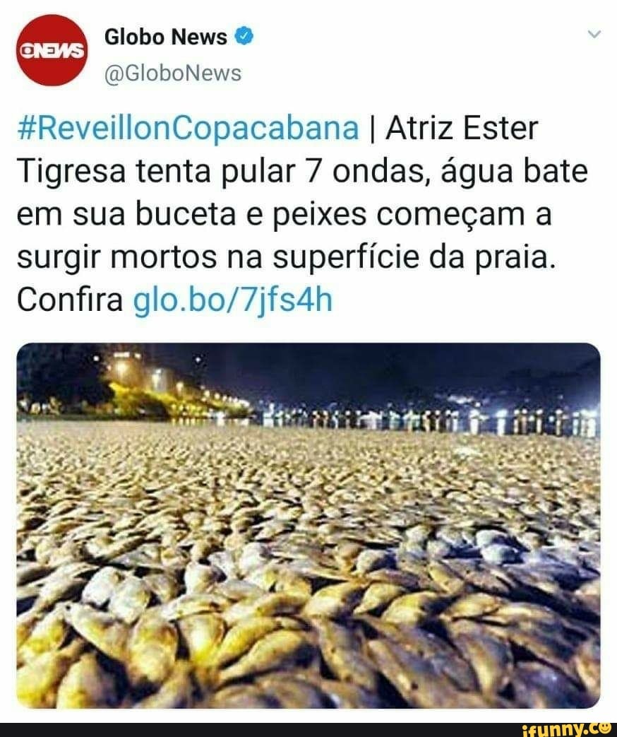 ReveillonCopacabana I Atriz Ester Tigresa tenta pular 7 ondas, agua bate em  sua buceta e peixes começam a surgir mortos na superfície da praia. -  iFunny Brazil