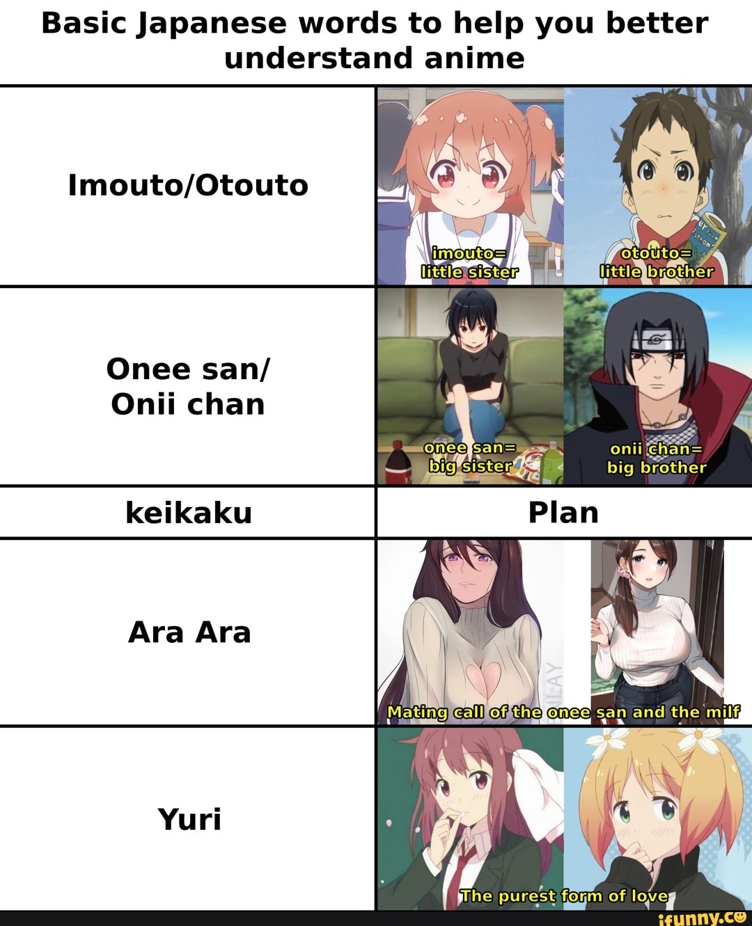 Basic Japanese words to help you better understand anime Onee san/ Onii chan  ibigfsister big brother ibigfsister keikaku Plan I Mating Ara Ara Yuri foym  purest of loveg - iFunny Brazil