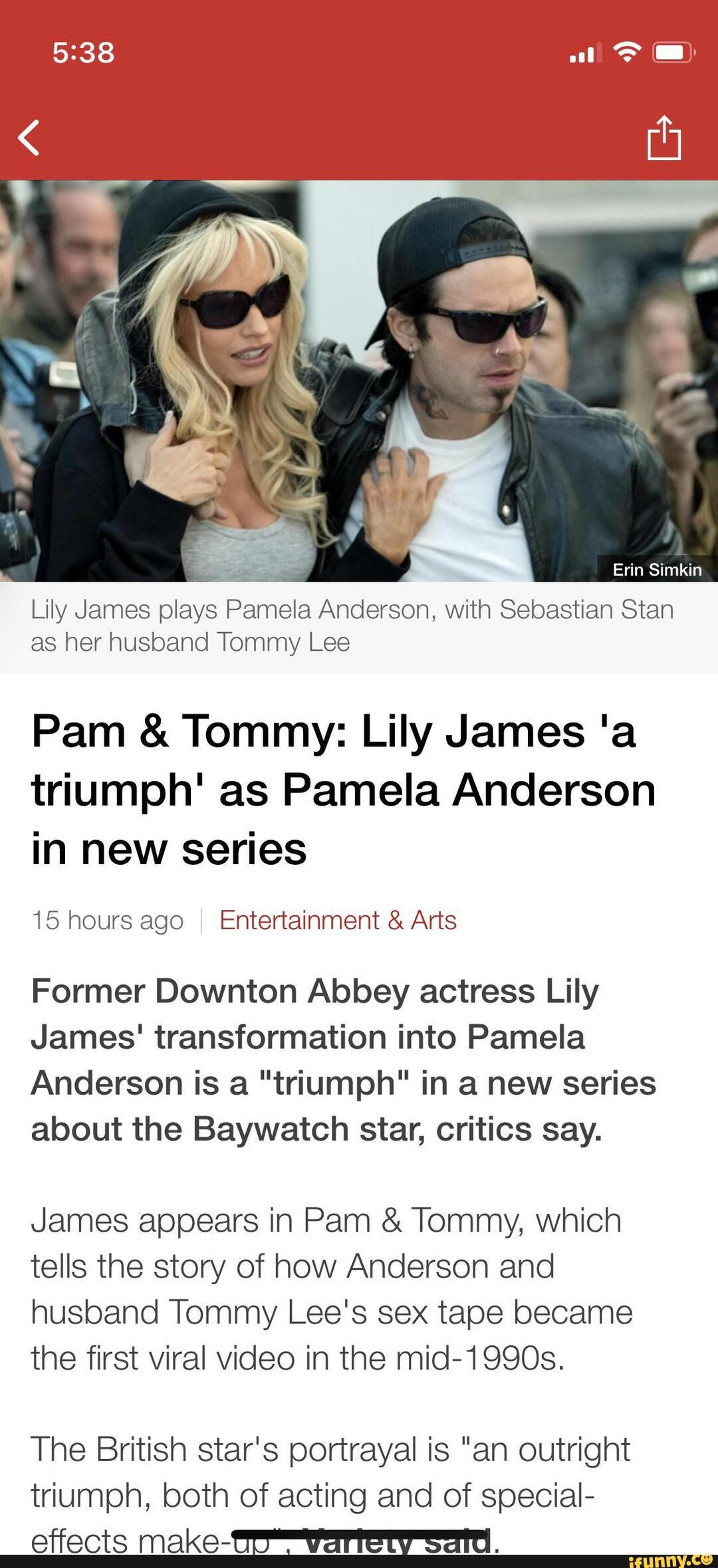 Erin Simkin Lily James plays Pamela Anderson, with Sebastian Stan as her  husband Tommy Lee Pam