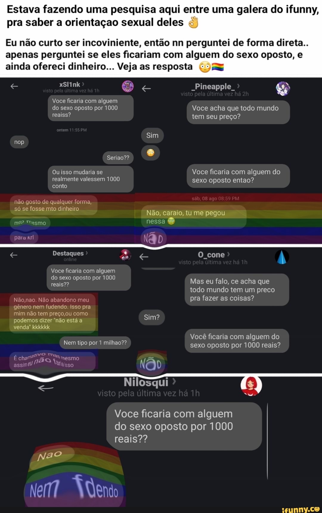 Estava fazendo uma pesquisa aqui entre uma galera do ifunny, pra saber a  orientaçao sexual deles