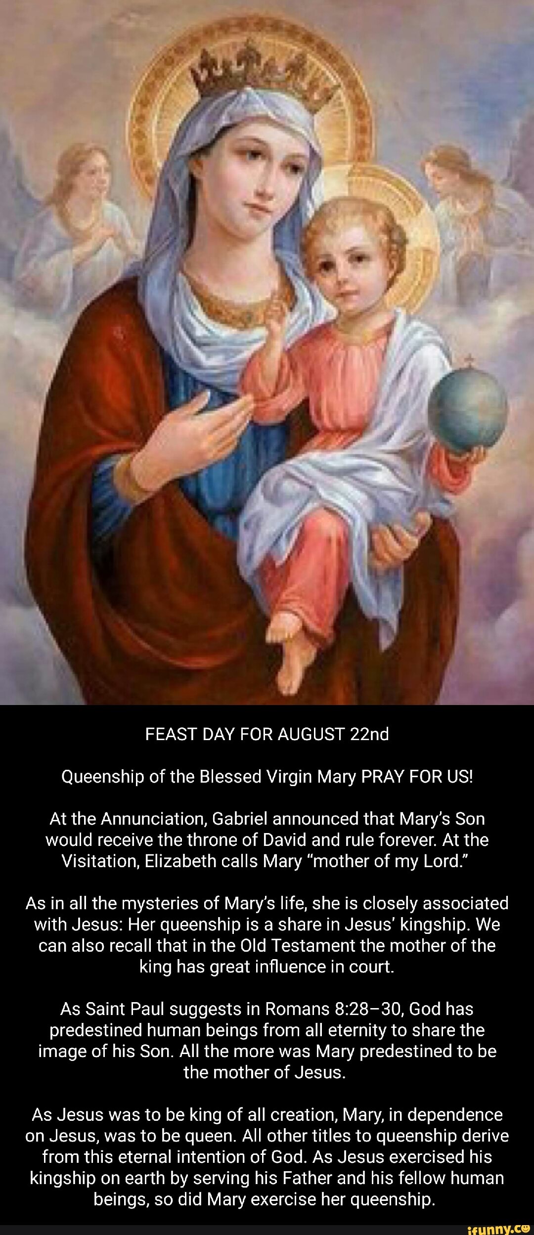 FEAST DAY FOR AUGUST 22nd Queenship of the Blessed Virgin Mary PRAY FOR ...