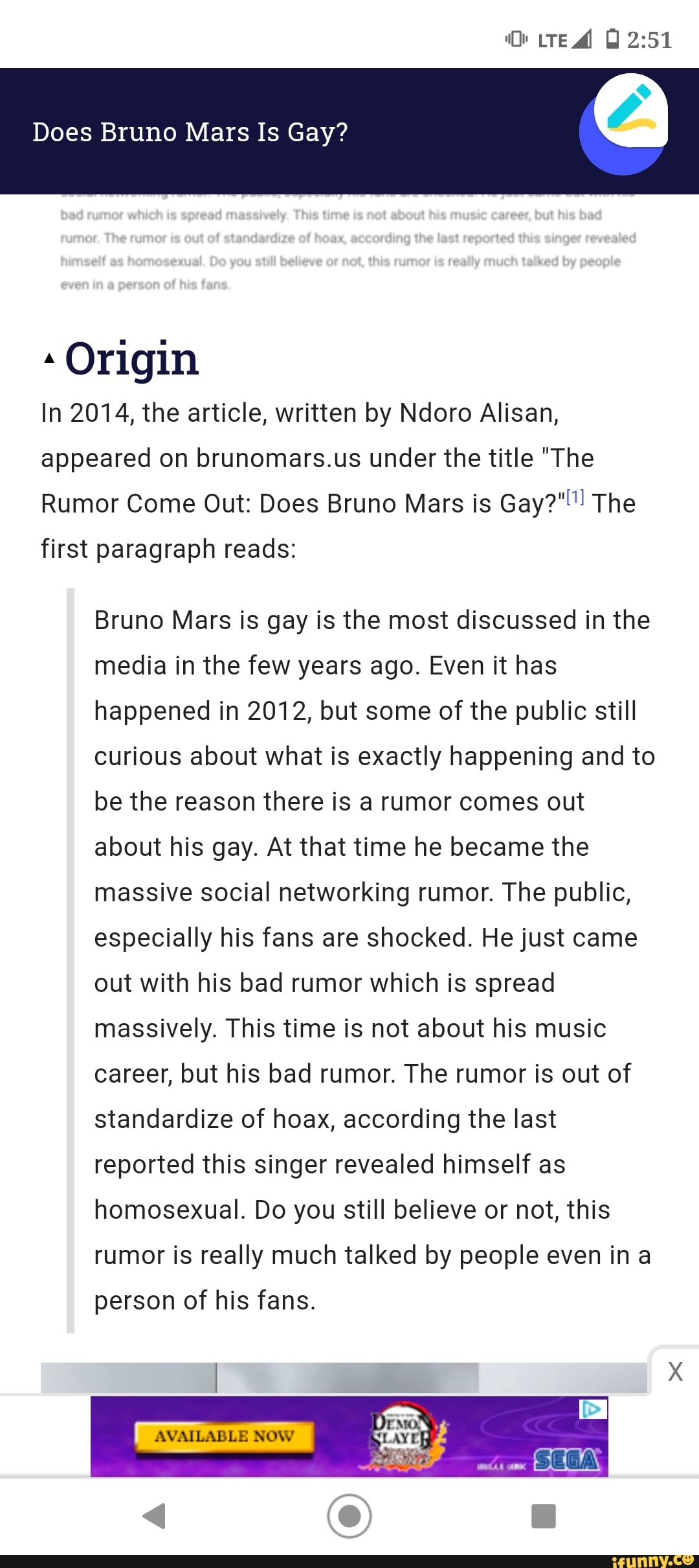 Or Does Bruno Mars Is Gay? Ted Origin In 2014, the article, written by  Ndoro Alisan,