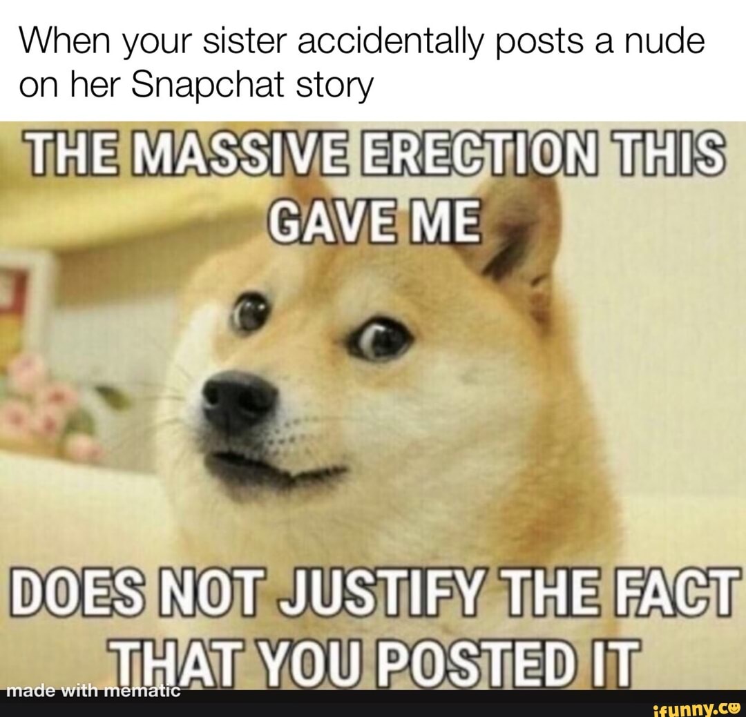 When your sister accidentally posts a nude on her Snapchat story THE  MASSIVE ERECTION THIS GAVE ME DOES NOT JUSTIFY THE FACT LHAT YOU POSTED IT  - iFunny Brazil