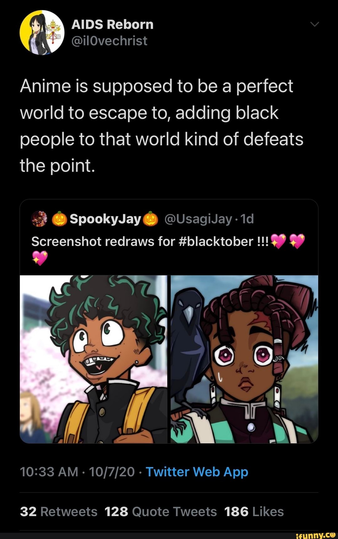 Anime is supposed to be a perfect world to escape to, adding black people  to that world kind of defeats the point. SpookyJay@) @UsagiJay id  Screenshot redraws for #blacktober - iFunny Brazil