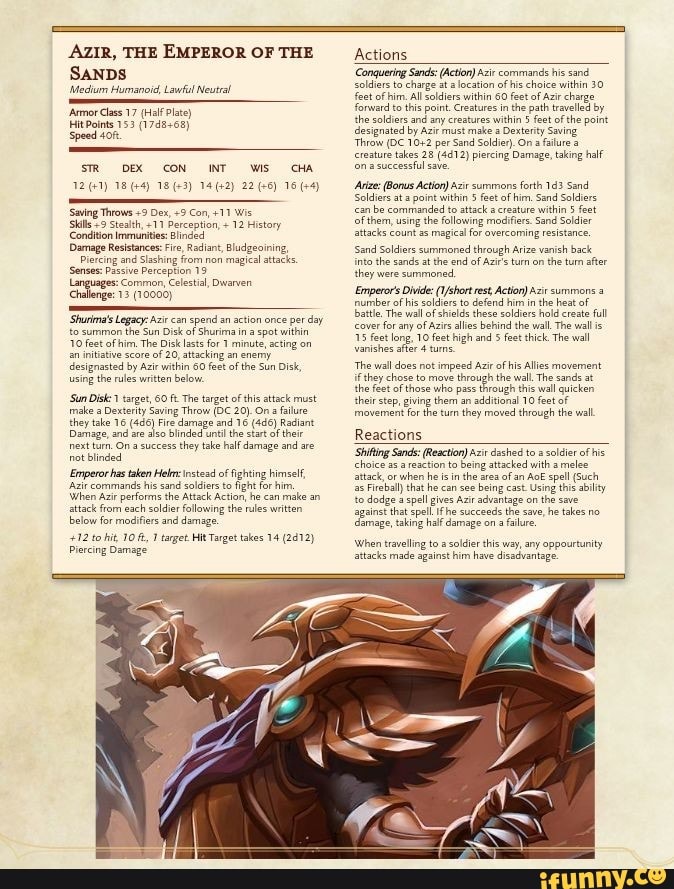 AZIR, THE EMPEROR OF THE SANDS 'Medlum Humanoid, Lawfol Neutral "Armor Class 17 (Half Plats