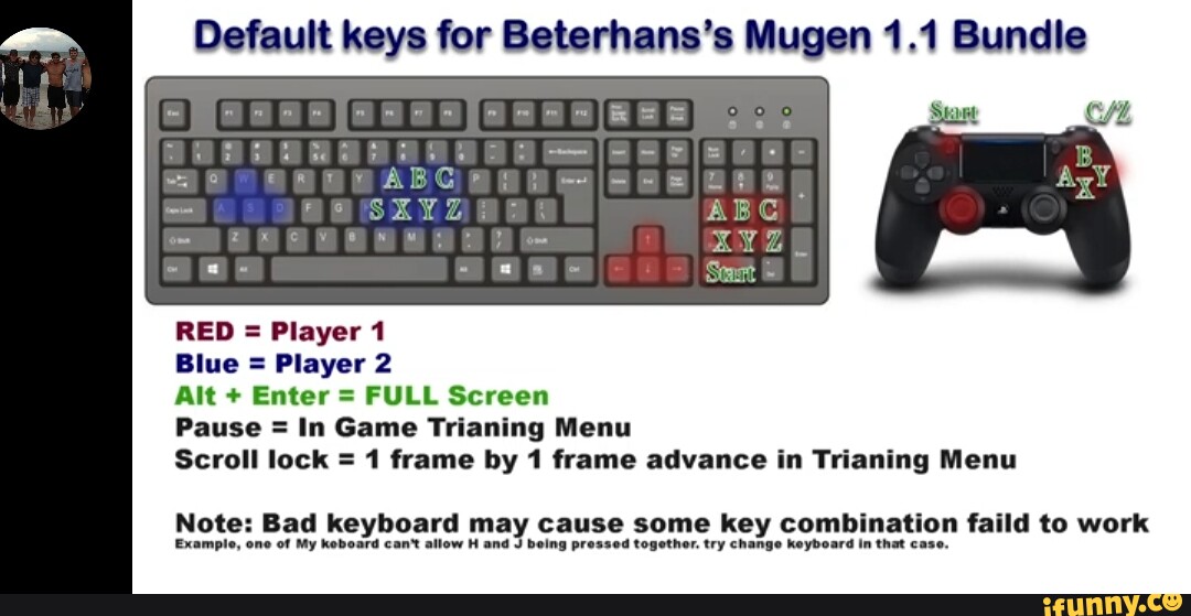 Default keys for Beterhans's Mugen 1.1 Bundle I RED = Player 1 Blue = Player 2 Alt + Enter