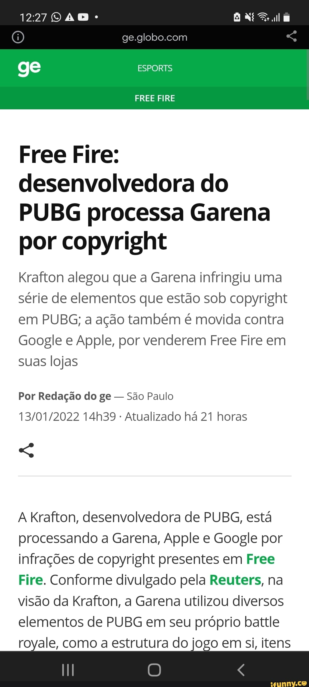 Krafton processa Garena, Google e Apple por Free Fire