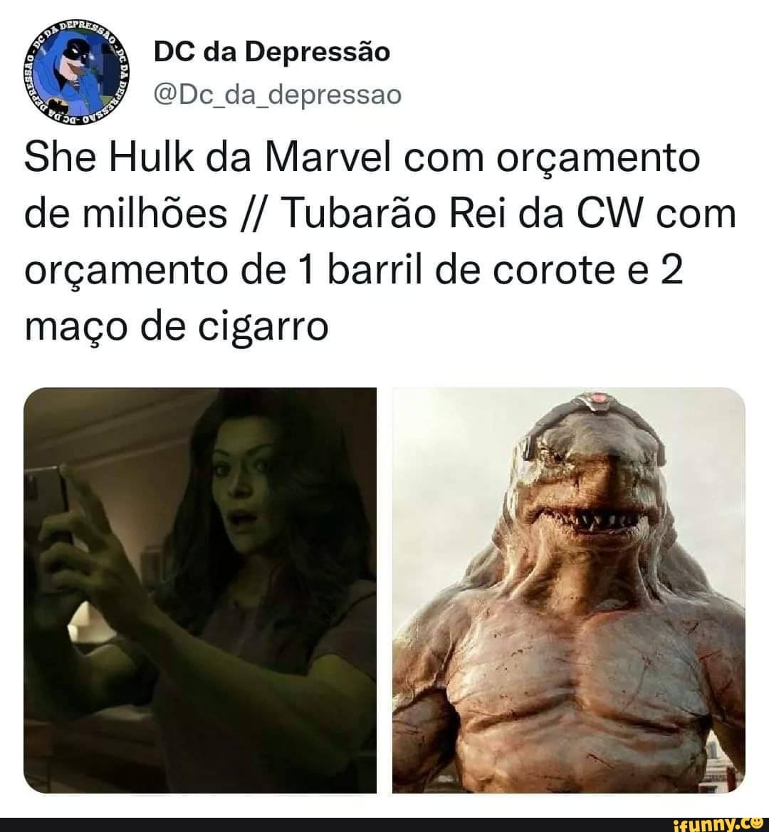 She Hulk da Marvel com orçamento de milhões Tubarão Rei da CW com orçamento  de 1 barril de corote e 2 maço de cigarro - iFunny Brazil