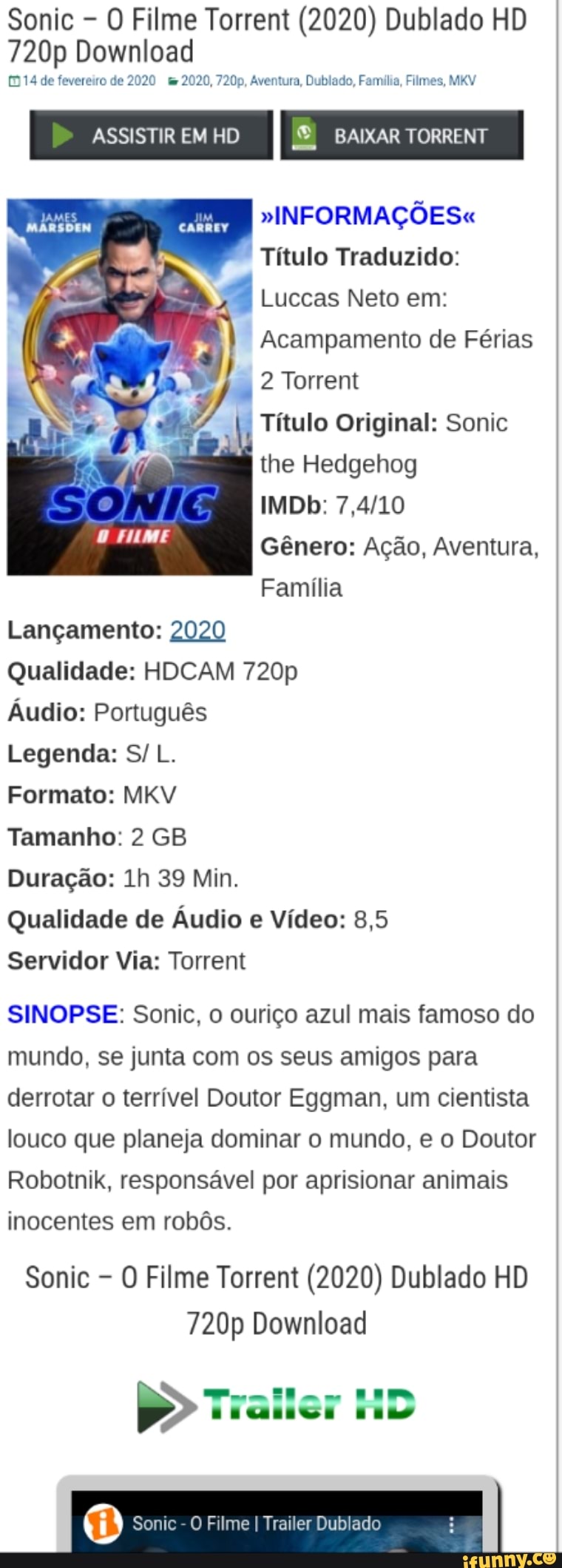 SONIC O FILME Trailer Brasileiro DUBLADO # 2 (Novo, 2020) 