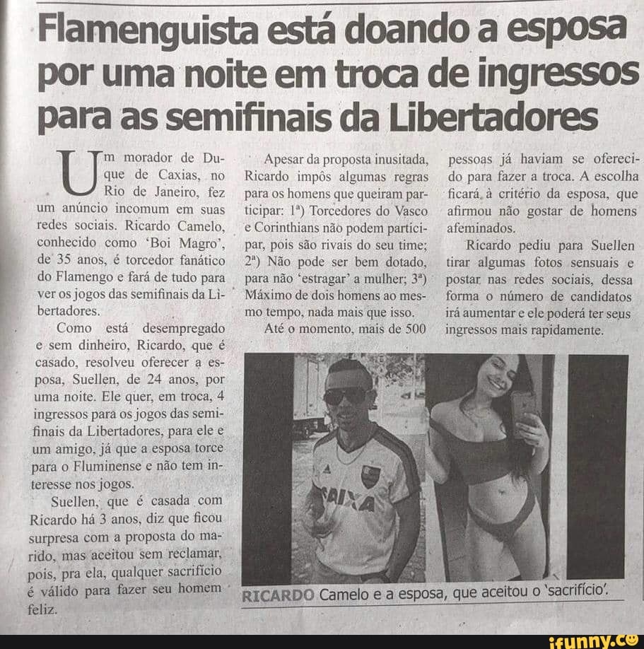 Flamenguista está doando a esposa por uma noite em troca de ingressos para  as semifinais da