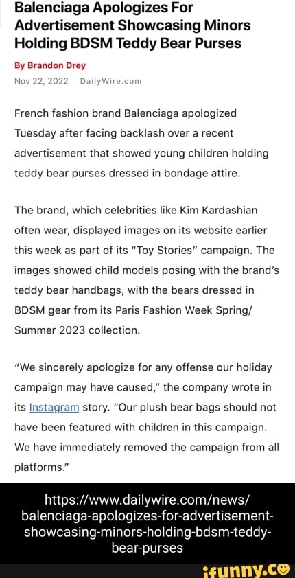 Balenciaga apologises for advert of children holding BDSM teddy