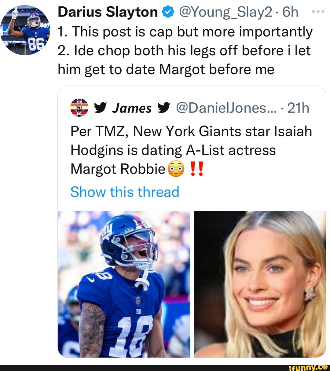 Darius Slayton responds to fake Margot Robbie-Isaiah Hodgins Tweet