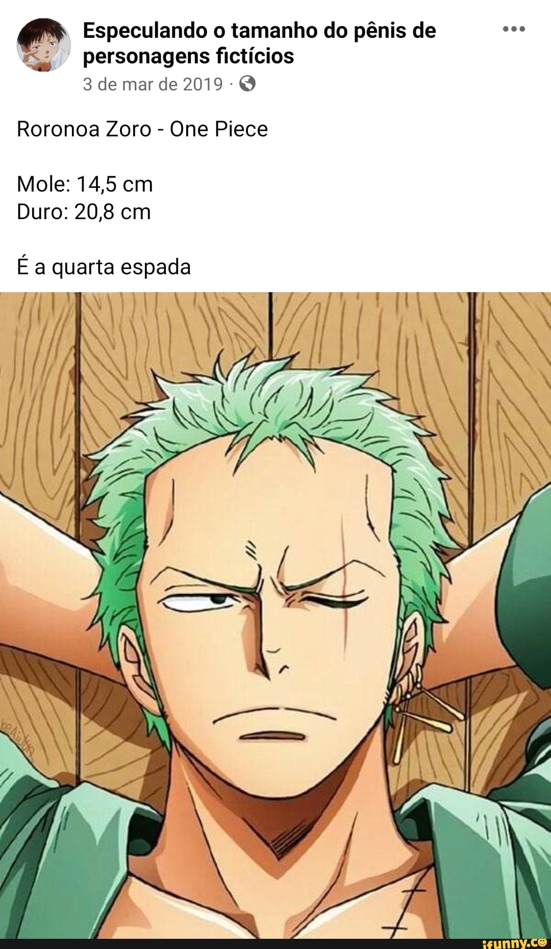 Especulando o tamanho do pênis de personagens fictícios 3 de mar de 2019  Roronoa Zoro - One Piece Mole: 14,5 cm Duro: 20,8 em É a quarta espada TEA  RR A DE - iFunny Brazil