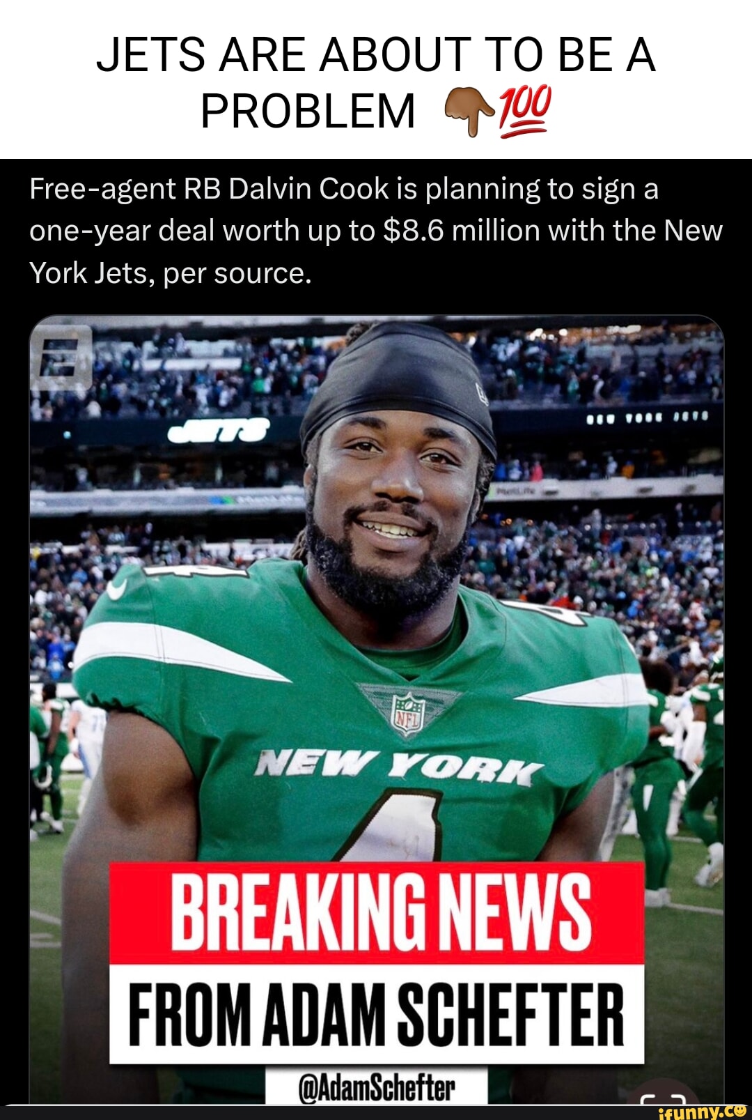 Adam Schefter on X: Free-agent RB Dalvin Cook is planning to sign a  one-year deal worth up to $8.6 million with the New York Jets, per source.   / X