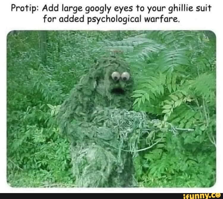 Protip: Add large googly eyes to your ghillie suit for added