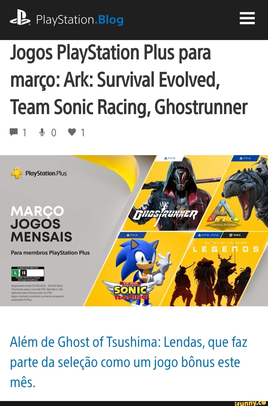 PS Plus: Ark: Survival Evolved, Team Sonic Racing, Ghostrunner são