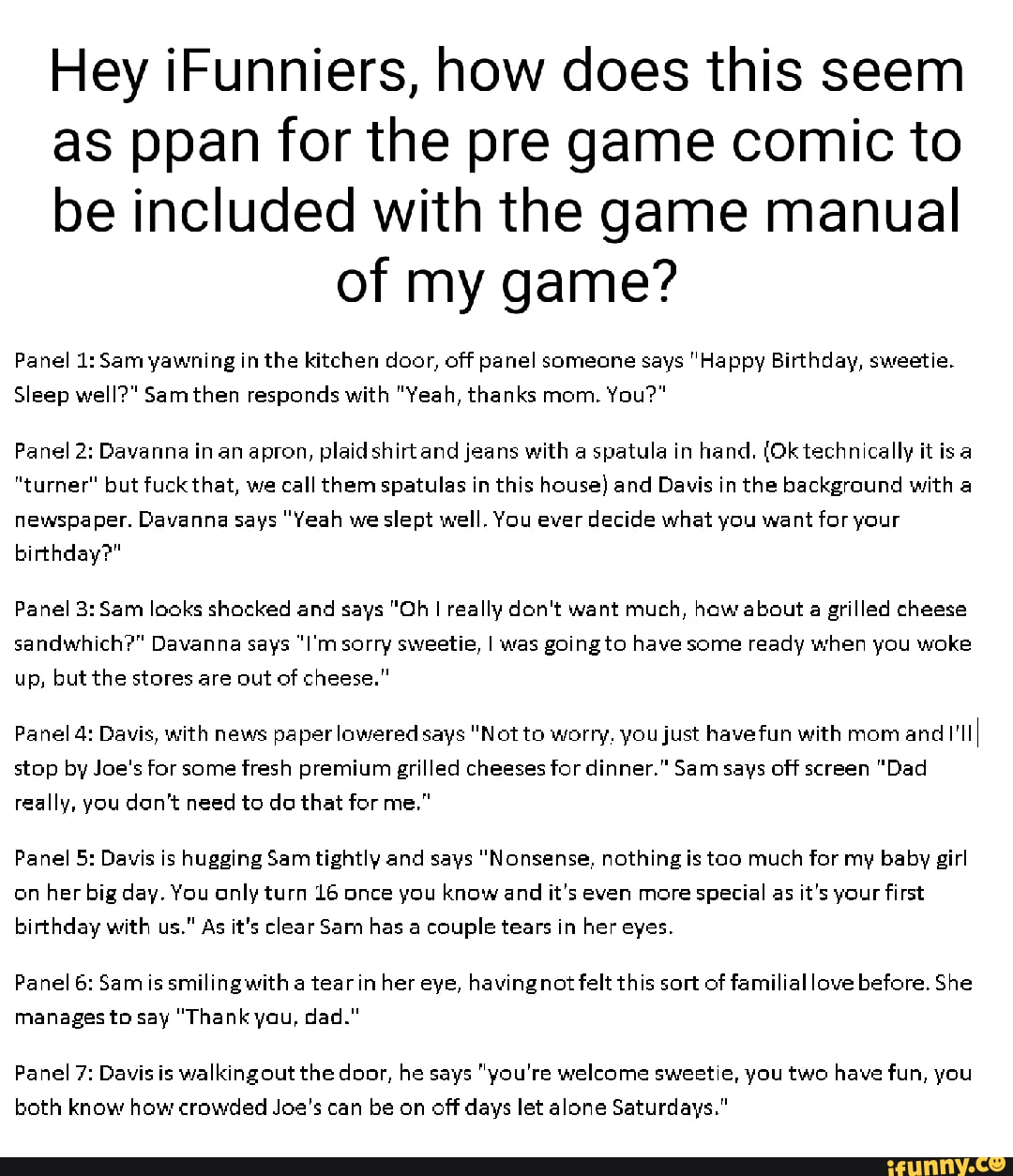 Hey iFunniers, how does this seem as ppan for the pre game comic to be  included