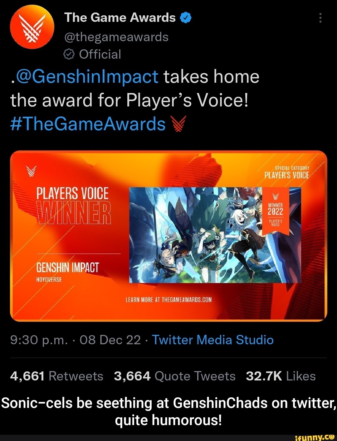 The Game Awards @ @thegameawards Official .@GenshinImpact takes home the  award for Player's Voice! #TheGameAwards PLAYERS GENSHIN