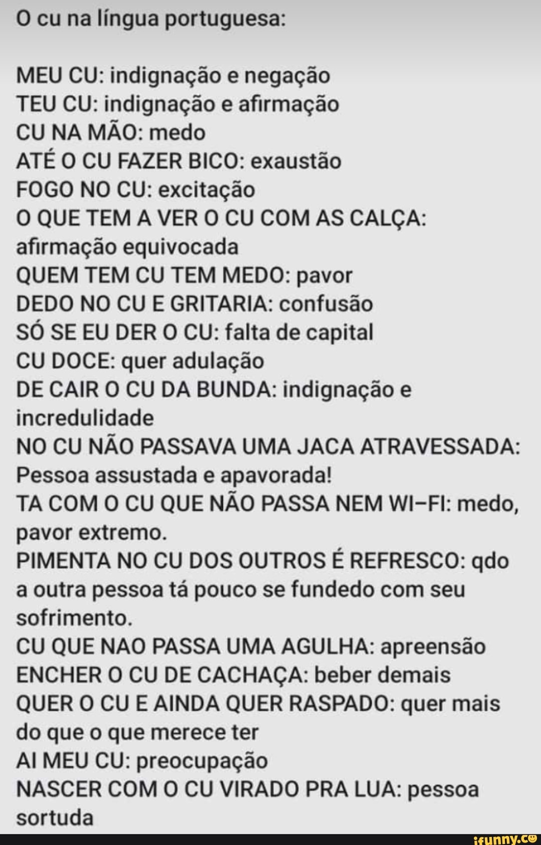 O cu na língua portuguesa: MEU CU: indignação e negação TEU CU: indignação  e afirmação CU