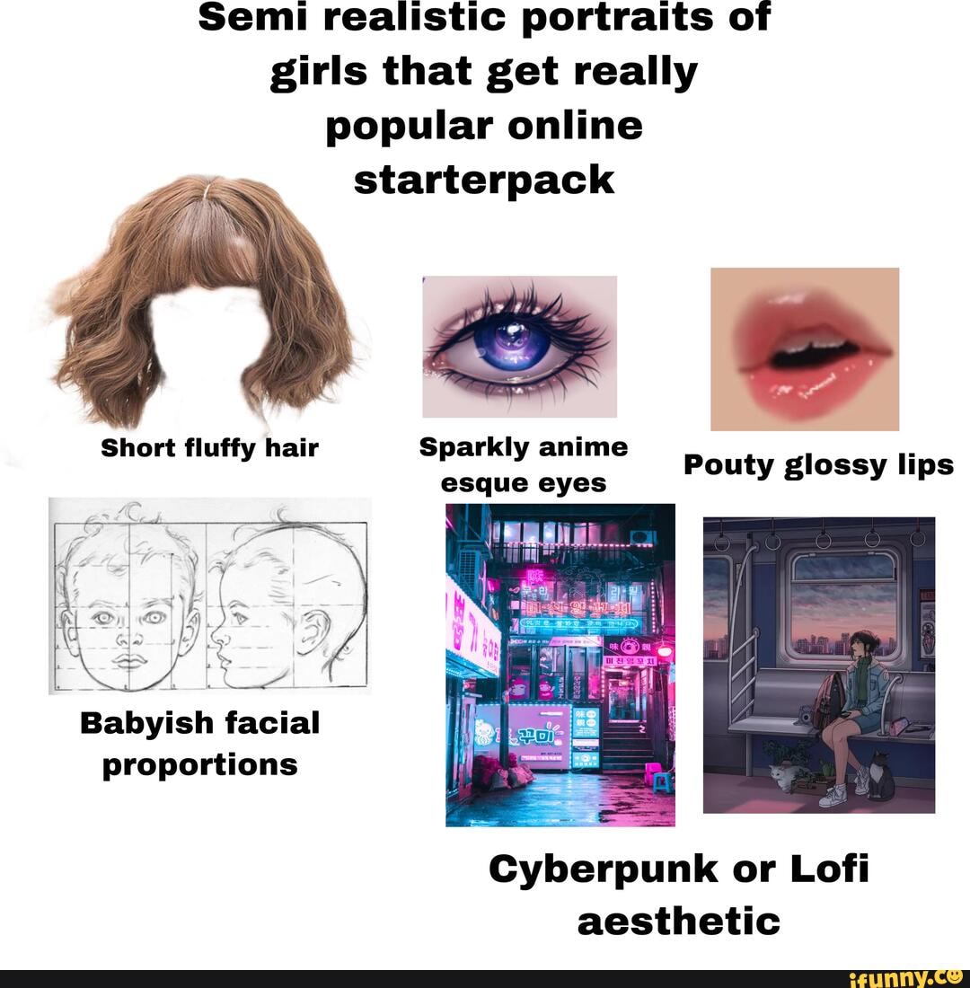 Semi realistic portraits of girls that get really popular online  starterpack Short fluffy hair Sparkly anime esque eyes Pouty glossy lips  Babyish facial proportions Cyberpunk or Lofi aesthetic - iFunny Brazil