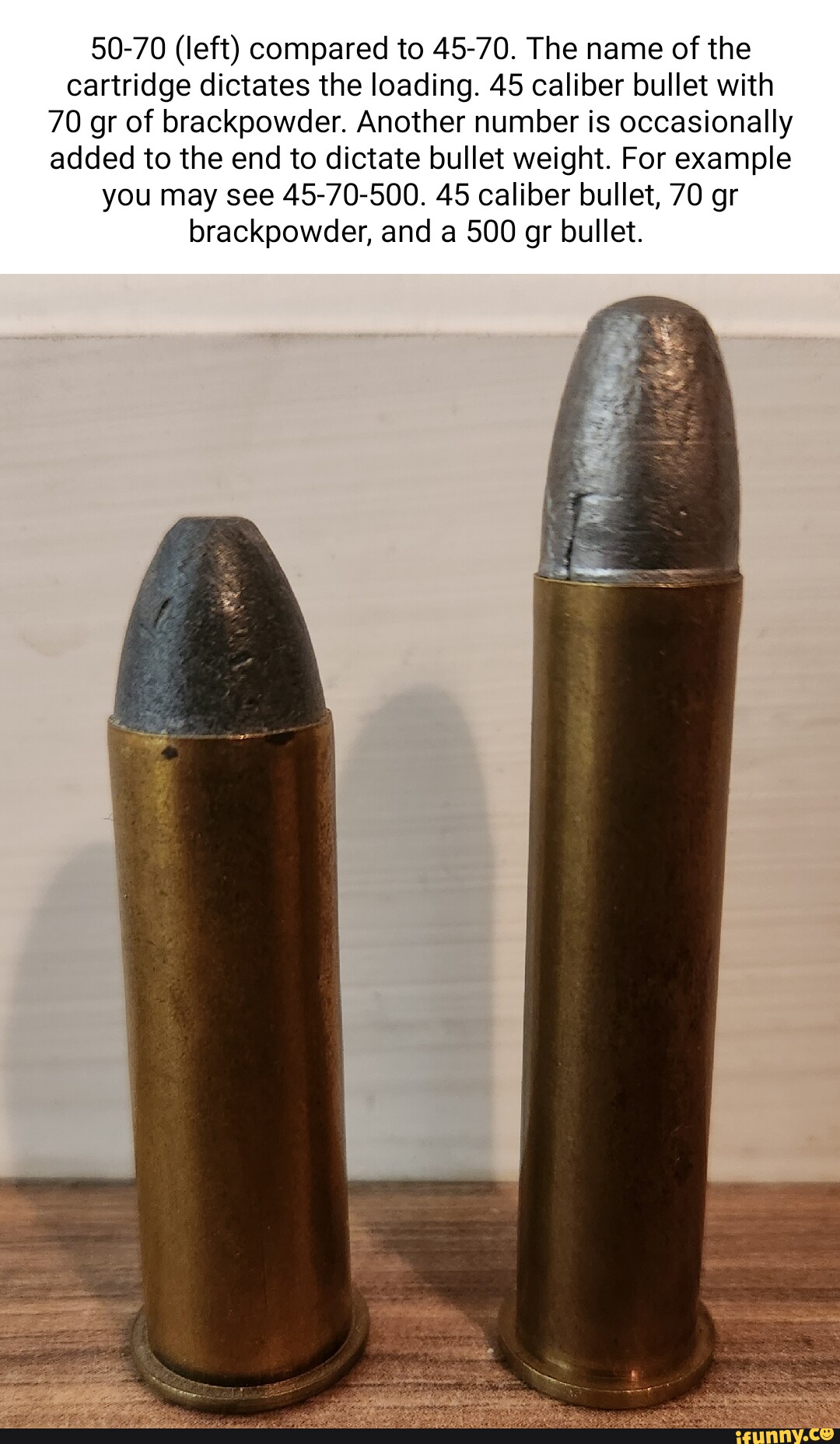 50-70 (left) compared to 45-70. The name of the cartridge dictates