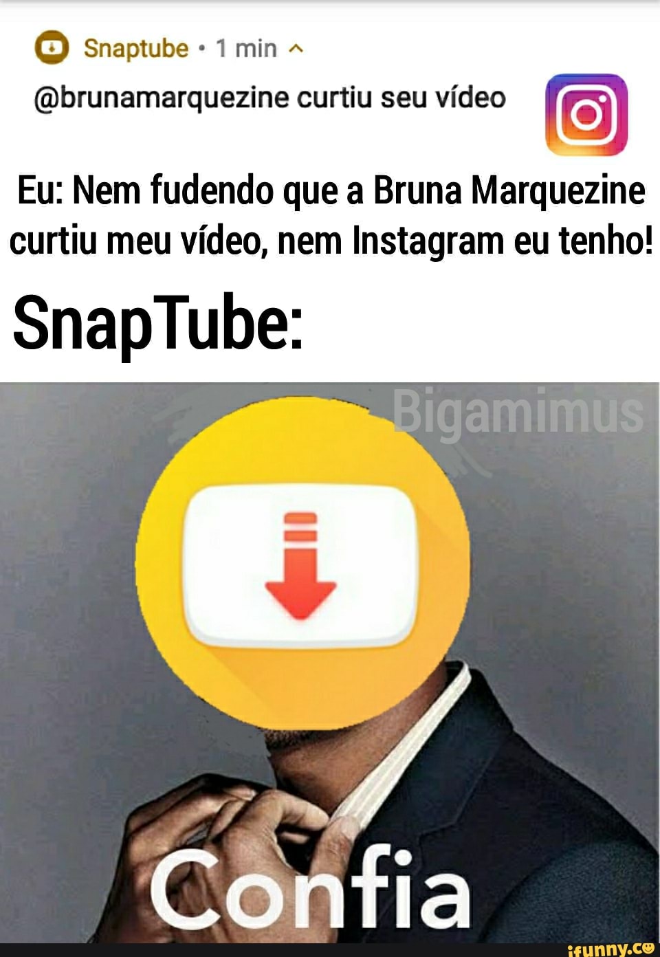 Snapiube (Qbrunamarquezine curtiu seu vídeo (0) Eu: Nem fudendo que a Bruna  Marquezine curtiu meu vídeo, nem Instagram eu tenho! SnapTube: Confia -  iFunny Brazil