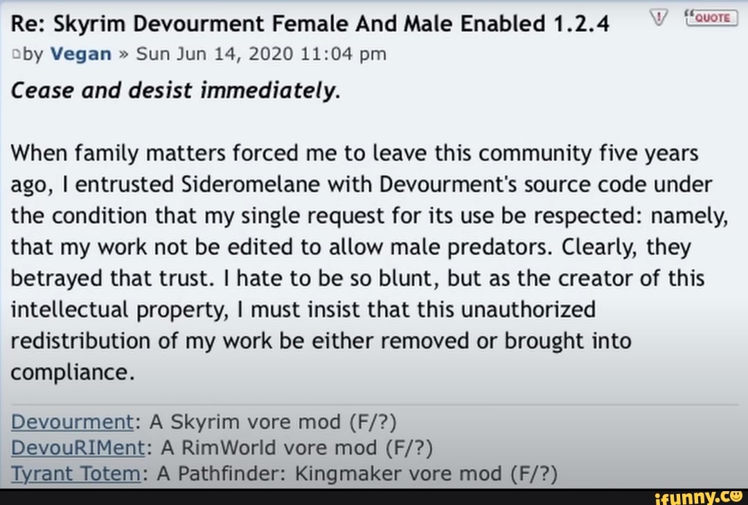 Re: Skyrim Devourment Female And Male Enabled 1.2.4 by Vegan 