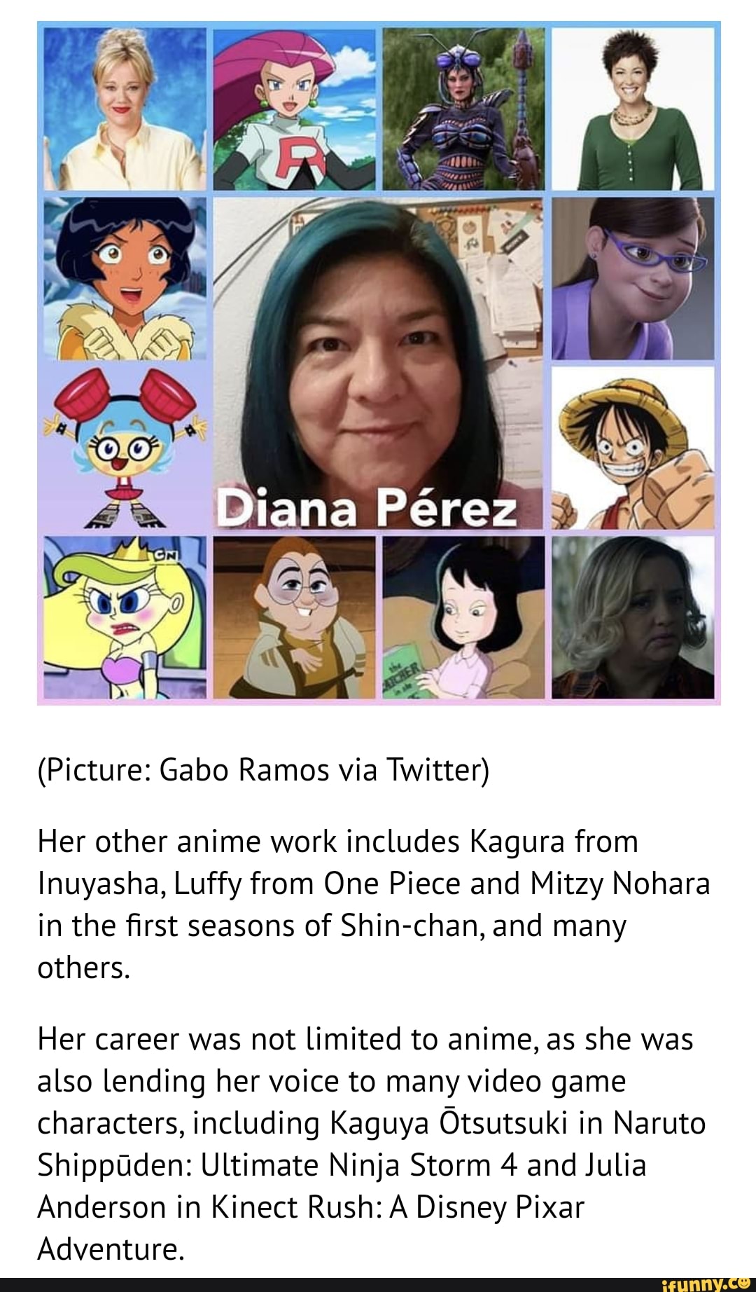 Diana Perez (Picture: Gabo Ramos via Twitter) Her other anime work includes  Kagura from Inuyasha, Luffy