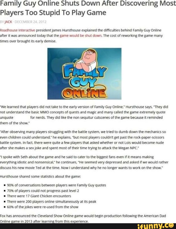 Family Guy Online Shuts Down After Discovering Most Players Too