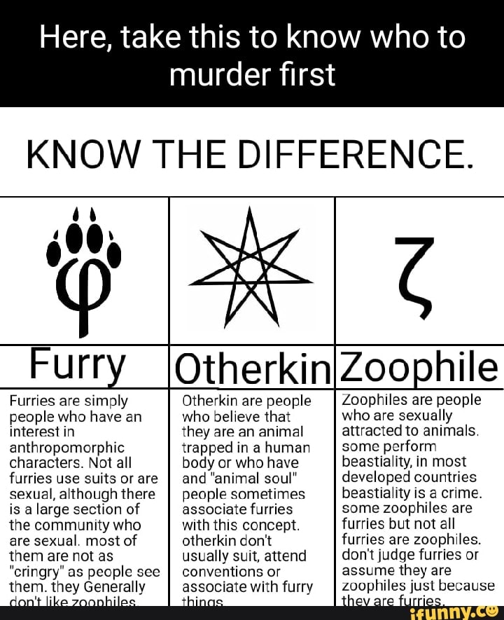 Here, take this to know who to murder first KNOW THE DIFFERENCE. Furries  are simply people