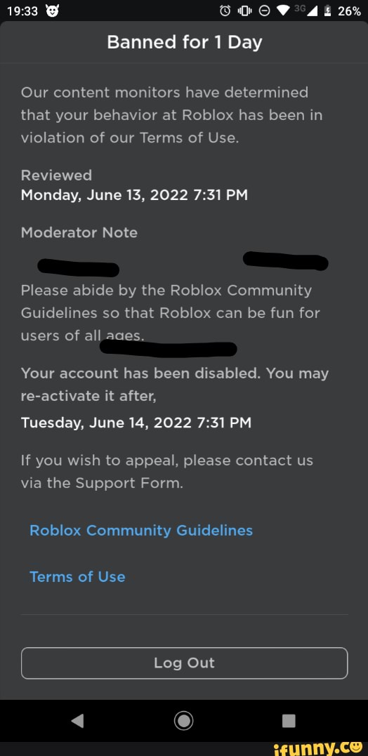 Banned for 1 day, Banned From Roblox