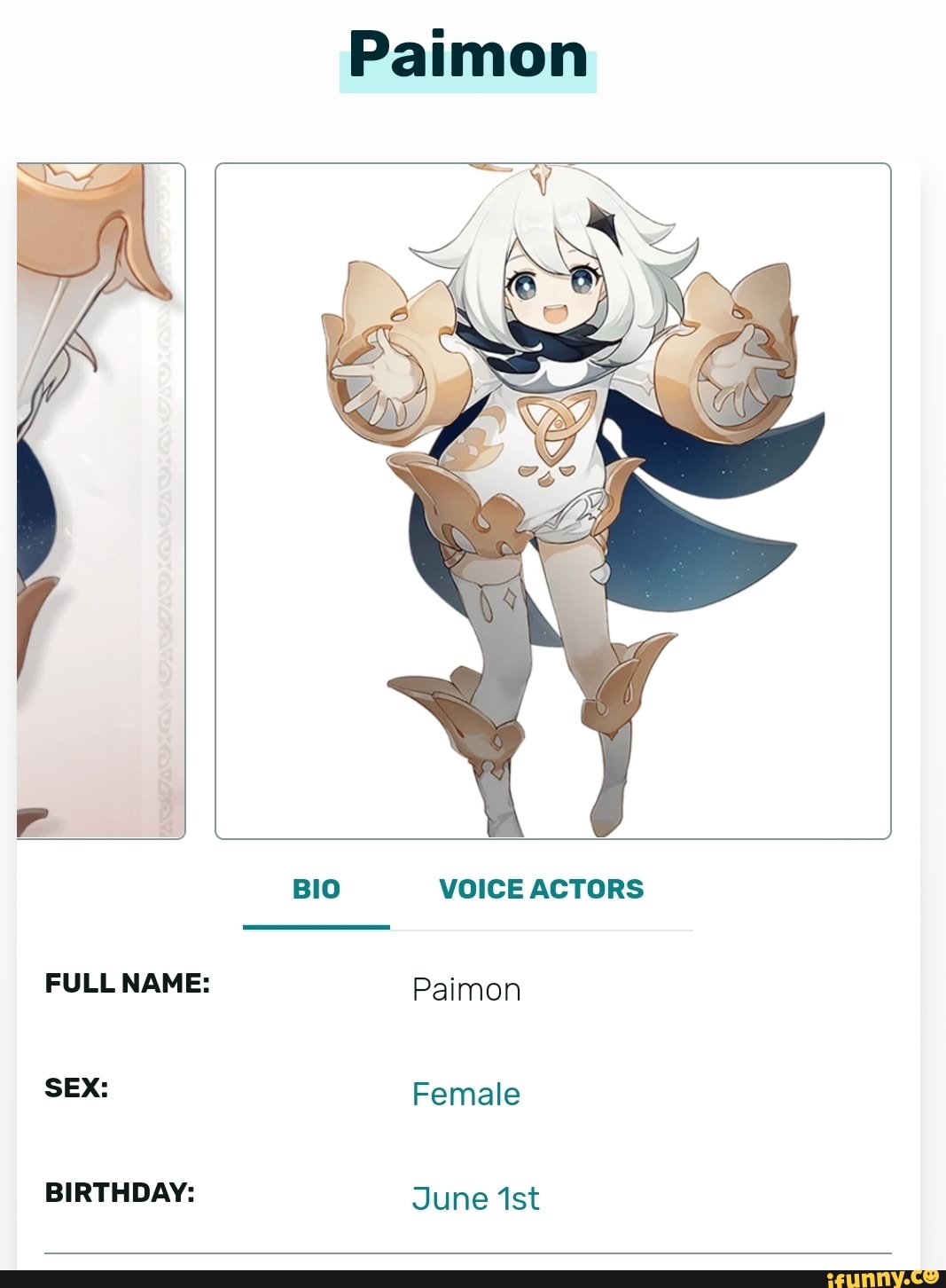 Paimon BIO VOICE ACTORS FULL NAME: Paimon SEX: Female BIRTHDAY: June -  iFunny Brazil