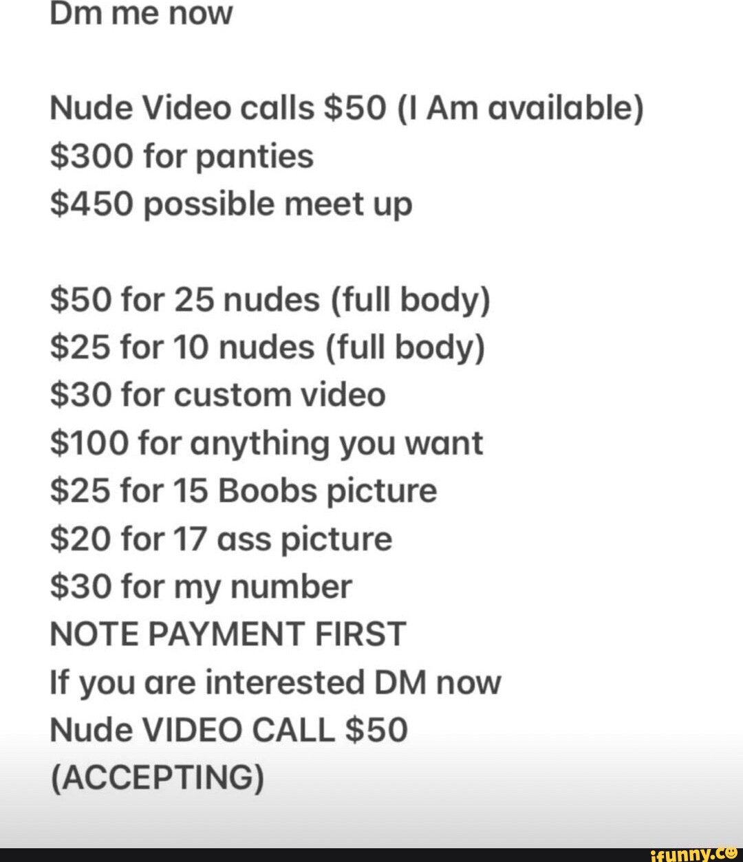 Dm me now Nude Video calls $50 Am available) $300 for panties $450 possible  meet up