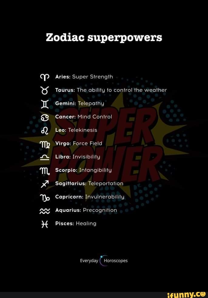 Zodiac superpowers Aries Super Strength Taurus The ability to