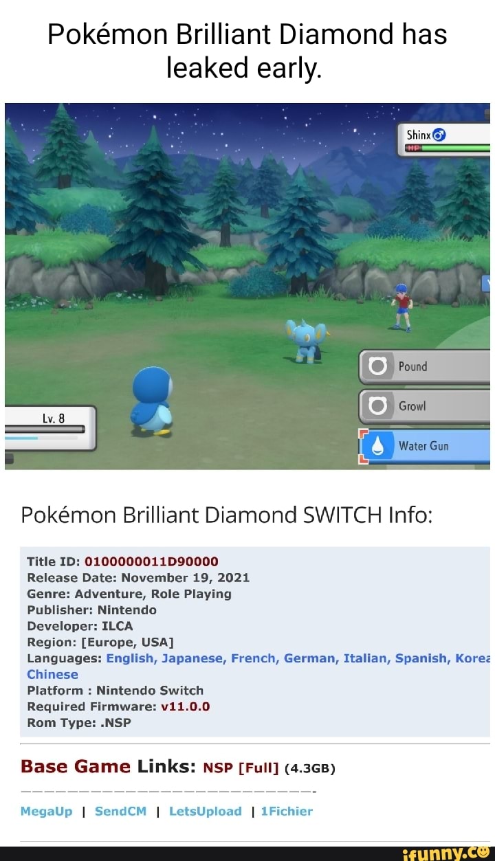 Pokmon Brilliant Diamond has leaked early. Water Gun Pokmon Brilliant  Diamond SWITCH Info: Title ID: 0100000011D90000