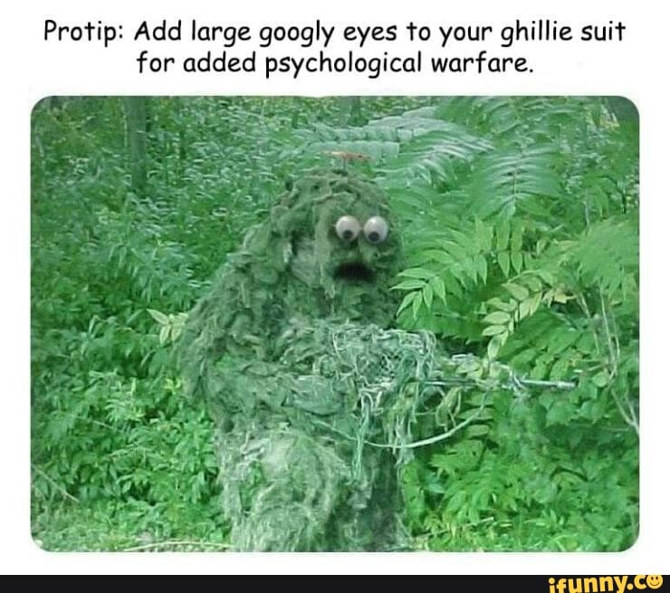 Protip: Add large googly eyes to your ghillie suit for added psychological  warfare. - iFunny Brazil
