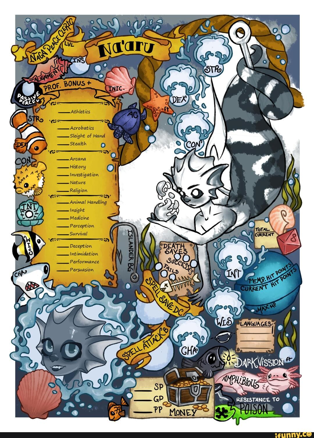 My take on a custom DnD 5E character sheet for Na'aru, my cute Naga Cleric