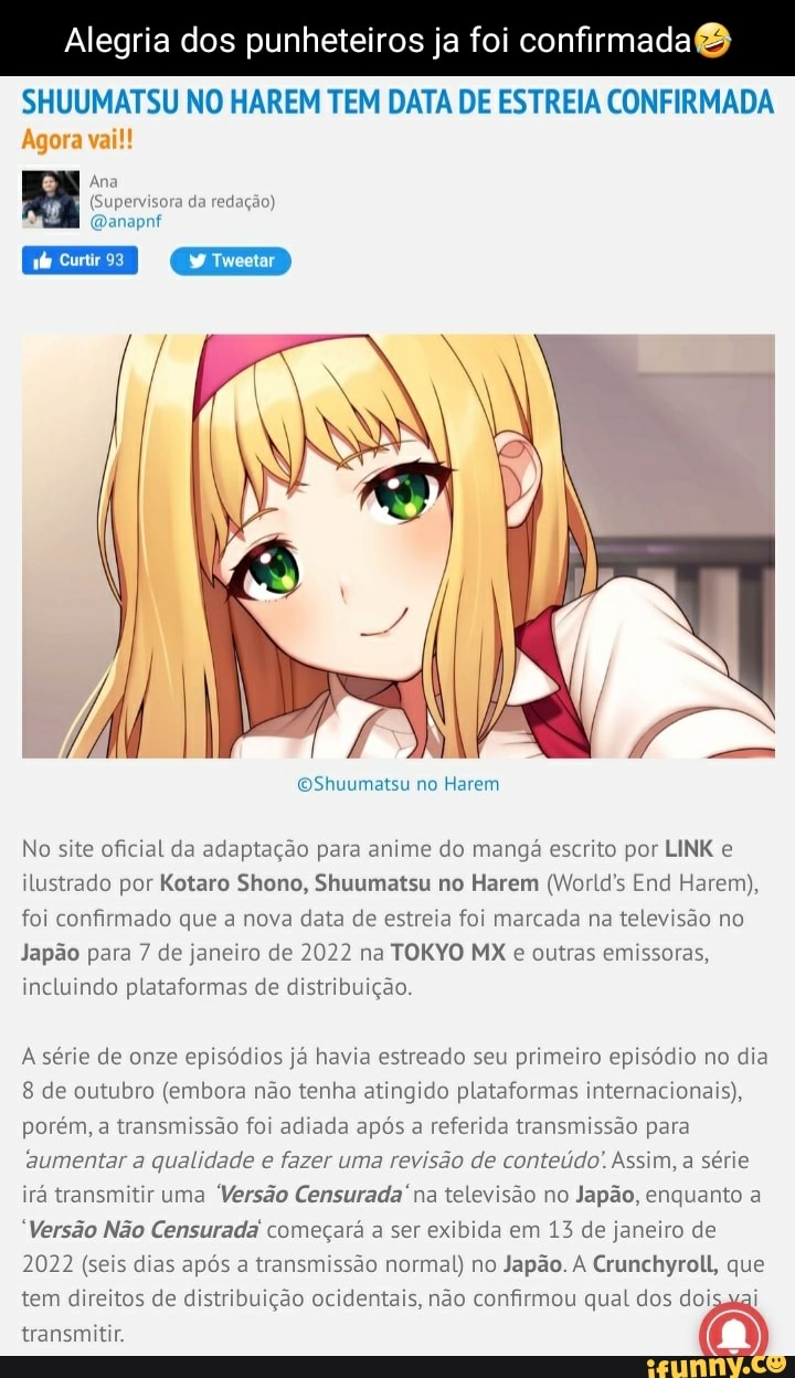Shuumatsu no Harem - Anime tem data de estreia confirmada. - Anime